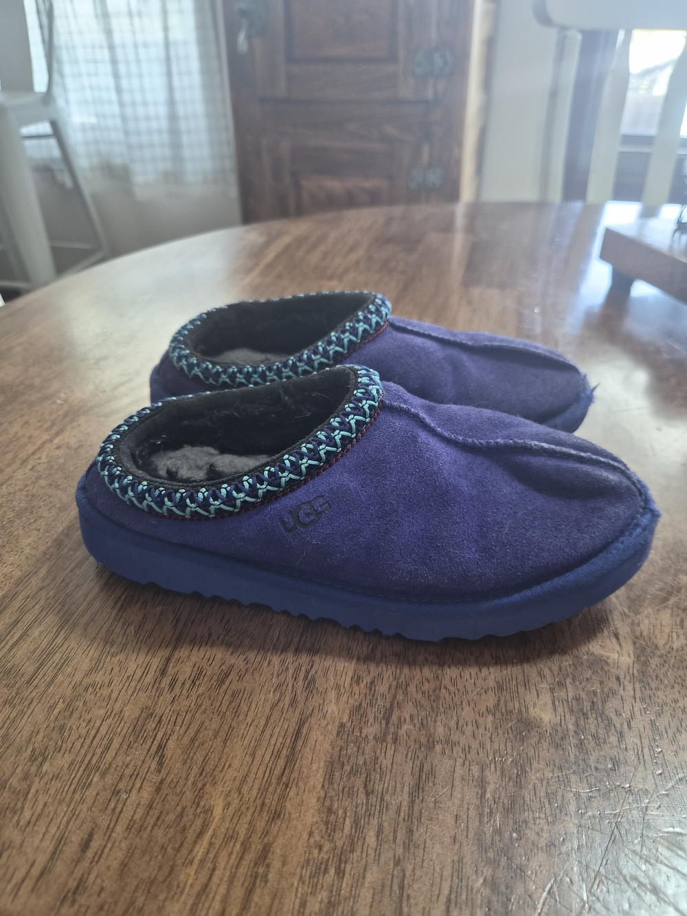 UGG Navy Suede Slip-On Clogs with Teal Braided Trim